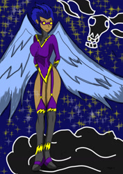 Size: 1240x1754 | Tagged: safe, artist:foxgearstudios, nightshade, human, g4, clothes, cloud, costume, dark skin, female, goggles, humanized, night, on a cloud, shadowbolts, shadowbolts costume, solo, stars, winged humanization, wings