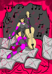 Size: 1240x1754 | Tagged: safe, artist:foxgearstudios, octavia melody, human, g4, bowtie, breasts, busty octavia melody, cello, clothes, humanized, music notes, musical instrument, pillow, sitting, socks, solo, striped socks