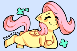 Size: 807x540 | Tagged: safe, artist:diedified, fluttershy, pegasus, pony, g4, eye clipping through hair, eyes closed, female, heart, lying down, mare, missing cutie mark, prone, simple background, smiling, solo