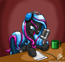 Size: 1500x1433 | Tagged: safe, artist:ceehoff, oc, oc only, oc:obabscribbler, earth pony, pony, earth pony oc, female, headphones, mare, microphone, mug, signature, solo