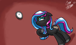 Size: 1700x1012 | Tagged: safe, artist:ceehoff, oc, oc only, oc:obabscribbler, earth pony, pony, clock, earth pony oc, female, frown, grump, looking up, mare, signature, solo, unshorn fetlocks