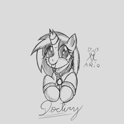 Size: 800x800 | Tagged: safe, artist:srmario, oc, oc only, oc:doctiry, pony, unicorn, :p, broken horn, bust, clothes, eyelashes, female, grayscale, horn, jewelry, lineart, mare, monochrome, necklace, tongue out, traditional art, unicorn oc