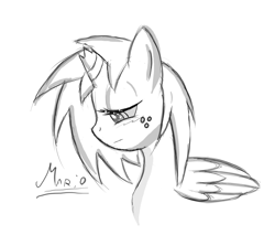 Size: 900x766 | Tagged: safe, artist:srmario, oc, oc only, oc:doctiry, alicorn, pony, alicorn oc, broken horn, bust, eyelashes, female, grayscale, horn, lineart, mare, monochrome, sad, traditional art, wings