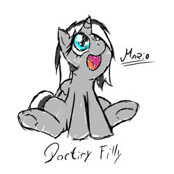 Size: 1000x1000 | Tagged: safe, artist:srmario, oc, oc only, oc:doctiry, alicorn, pony, alicorn oc, cute, eyelashes, female, filly, happy, horn, looking up, mare, open mouth, simple background, sitting, smiling, solo, underhoof, white background, wings