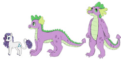 Size: 1267x630 | Tagged: safe, artist:ukulelepineapplecat, spike, dragon, pony, unicorn, g4, female, horn, male, mare, older, older spike, quadrupedal, quadrupedal spike, simple background, white background