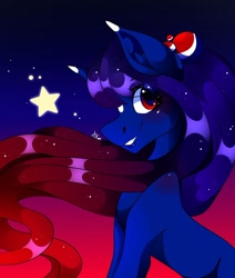 Size: 1080x1275 | Tagged: safe, artist:tessa_key_, earth pony, pony, abstract background, bust, ethereal mane, female, grin, mare, pepsi, ponified, smiling, soda, solo, starry mane, stars