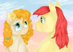 Size: 900x637 | Tagged: safe, artist:ukulelepineapplecat, bright mac, pear butter, earth pony, pony, g4, female, male, mare, outdoors, stallion
