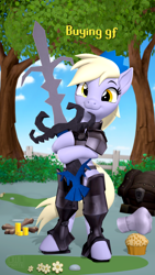 Size: 2160x3840 | Tagged: safe, artist:owlpirate, derpy hooves, pegasus, semi-anthro, g4, 3d, arm hooves, armadyl godsword, armor, bone, buying gf, chef's hat, coin, female, food, greatsword, hat, high res, looking at you, mare, muffin, runescape, smiling, smiling at you, solo, source filmmaker, sword, weapon