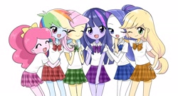 Size: 2474x1349 | Tagged: safe, artist:glitterrrrr, applejack, fluttershy, pinkie pie, rainbow dash, rarity, twilight sparkle, alicorn, equestria girls, g4, anime style, blushing, clothes, cute, dashabetes, diapinkes, eyes closed, hand on hip, hug, humane five, humane six, jackabetes, one eye closed, open mouth, raribetes, school uniform, shyabetes, simple background, twiabetes, twilight sparkle (alicorn), white background