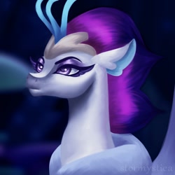 Size: 1000x1000 | Tagged: safe, artist:stormystica, queen novo, seapony (g4), g4, my little pony: the movie, collar, colored pupils, coral, crown, digital art, digital painting, eyebrows, eyelashes, fanart, female, fin wings, flowing mane, jewelry, lidded eyes, looking up, ocean, peytral, purple eyes, purple mane, queen, queen novo is not amused, regalia, scales, seaquestria, seaweed, simple background, solo, spread wings, swimming, underwater, water, wings