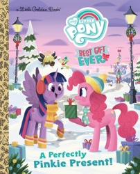 Size: 1679x2083 | Tagged: safe, artist:glenn thomas, alice the reindeer, pinkie pie, twilight sparkle, alicorn, deer, earth pony, pony, reindeer, yak, a perfectly pinkie present, g4, my little pony best gift ever, official, beanie, book, book cover, clothes, cover, earmuffs, female, hat, lamppost, little golden book, mare, my little pony logo, present, scarf, text, tree, twilight sparkle (alicorn), twilight's castle, winter hat, winter outfit, wreath