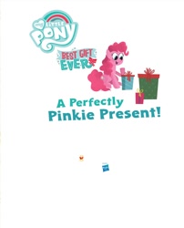 Size: 1188x1472 | Tagged: safe, artist:glenn thomas, pinkie pie, earth pony, pony, a perfectly pinkie present, g4, my little pony best gift ever, official, book, female, hasbro logo, little golden book, mare, my little pony logo, present, solo, text