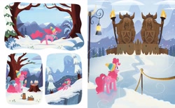Size: 2375x1473 | Tagged: safe, artist:glenn thomas, pinkie pie, earth pony, pony, a perfectly pinkie present, g4, my little pony best gift ever, official, book, clothes, cupcake, female, fire, food, lamp, little golden book, mare, scarf, snow, solo, statue, tree, tree stump, winter, winter hat, winter outfit, yakyakistan