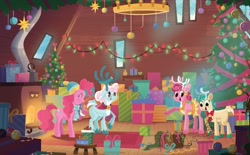 Size: 2375x1473 | Tagged: safe, artist:glenn thomas, alice the reindeer, aurora the reindeer, bori the reindeer, pinkie pie, deer, earth pony, pony, reindeer, a perfectly pinkie present, g4, my little pony best gift ever, official, book, christmas, christmas tree, clothes, female, holiday, little golden book, mare, present, scarf, tree, winter hat, winter outfit