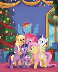 Size: 1188x1472 | Tagged: safe, artist:glenn thomas, applejack, fluttershy, pinkie pie, rainbow dash, rarity, spike, twilight sparkle, alicorn, dragon, earth pony, pegasus, pony, unicorn, a perfectly pinkie present, g4, my little pony best gift ever, official, applejack's hat, bell, bipedal, book, christmas, christmas tree, cowboy hat, female, hat, holiday, little golden book, male, mane seven, mane six, mare, tree, twilight sparkle (alicorn), wreath