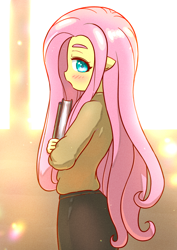 Size: 2508x3541 | Tagged: safe, artist:sigpi, fluttershy, pegasus, anthro, g4, :o, aside glance, blushing, book, clothes, colored pupils, cute, female, high res, looking at you, open mouth, shy, shyabetes, solo