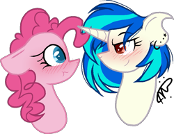 Size: 869x670 | Tagged: safe, artist:gallantserver, dj pon-3, pinkie pie, vinyl scratch, pony, g4, blushing, bust, female, lesbian, looking at each other, portrait, shipping, simple background, transparent background, vinylpie