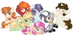 Size: 10080x5256 | Tagged: safe, artist:gallantserver, oc, oc:citrus orange, oc:fudge muffin, oc:magdalena, oc:silver bells, oc:torch, earth pony, pegasus, pony, unicorn, zebra, absurd resolution, colt, female, filly, magical lesbian spawn, male, offspring, parent:apple bloom, parent:applejack, parent:aunt orange, parent:diamond tiara, parent:dinky hooves, parent:lickety split, parent:orion, parent:rainbow dash, parent:scootaloo, parent:uncle orange, parents:appledash, parents:diamondbloom, simple background, transparent background