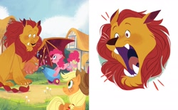 Size: 2375x1473 | Tagged: safe, artist:zoe persico, applejack, manny roar, pinkie pie, big cat, earth pony, lion, manticore, pony, fluttershy's ferocious friend!, g4, official, applejack's hat, book, cowboy hat, female, hat, little golden book, male, mare, party cannon, ponyville