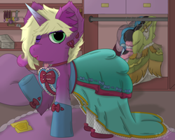 Size: 2500x2000 | Tagged: safe, artist:spiroudada, part of a set, oc, oc only, oc:velvet sky, pony, unicorn, series:velvet wardrobe reboot, blue, blue dress, bow, clothes, collar, crossdressing, cute, dress, dressing, gala ticket, high res, male, one eye closed, part of a series, shoes, solo, stallion, story included, wink