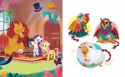 Size: 2375x1473 | Tagged: safe, artist:zoe persico, fluttershy, manny roar, rarity, big cat, lion, manticore, pegasus, pony, unicorn, fluttershy's ferocious friend!, g4, official, bat wings, bipedal, book, clothes, costume, female, hat, little golden book, male, mare, sheep costume, top hat, wings