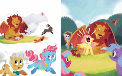 Size: 2375x1473 | Tagged: safe, artist:zoe persico, cup cake, fluttershy, manny roar, mayor mare, big cat, bird, earth pony, lion, manticore, pegasus, pony, rabbit, fluttershy's ferocious friend!, g4, official, animal, background pony, book, female, little golden book, male, mare, tree, unnamed character, unnamed pony