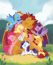 Size: 1188x1472 | Tagged: safe, artist:zoe persico, applejack, fluttershy, manny roar, pinkie pie, rainbow dash, rarity, twilight sparkle, alicorn, big cat, earth pony, lion, manticore, pegasus, pony, unicorn, fluttershy's ferocious friend!, g4, official, applejack's hat, bipedal, book, cowboy hat, female, flower, hat, hug, little golden book, male, mane six, mannybetes, mare, tree, twilight sparkle (alicorn)