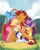 Size: 1188x1472 | Tagged: safe, artist:zoe persico, applejack, fluttershy, manny roar, pinkie pie, rainbow dash, rarity, twilight sparkle, alicorn, big cat, earth pony, lion, manticore, pegasus, pony, unicorn, fluttershy's ferocious friend!, g4, official, applejack's hat, bipedal, book, cowboy hat, female, flower, hat, hug, little golden book, male, mane six, mannybetes, mare, tree, twilight sparkle (alicorn)