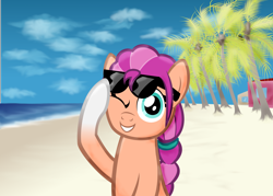 Size: 4550x3250 | Tagged: safe, artist:strategypony, sunny starscout, earth pony, pony, g4, g5, beach, cloud, cute, female, g5 to g4, house, looking at you, mare, one eye closed, seaside, sky, sunglasses, sunnybetes, tree