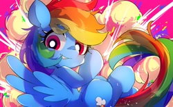 Size: 3511x2179 | Tagged: safe, artist:lexiedraw, rainbow dash, pegasus, pony, g4, blushing, explosion, female, high res, looking at you, mare, smiling, smiling at you, solo