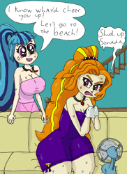 Size: 2550x3501 | Tagged: safe, artist:ewrrfb, adagio dazzle, sonata dusk, human, equestria girls, g4, allergies, bloodshot eyes, breasts, busty sonata dusk, couch, dialogue, handkerchief, high res, indoors, jewelry, magenta eyes, pendant, snot, speech bubble, stairs, sweat, wide hips