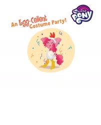 Size: 1134x1406 | Tagged: safe, artist:leire martin, pinkie pie, earth pony, pony, g4, my little pony: an egg-cellent costume party!, official, animal costume, bipedal, book, chicken suit, clothes, confetti, costume, female, little golden book, mare, my little pony logo, nightmare night, text