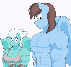 Size: 1200x1129 | Tagged: safe, artist:matchstickman, fleetfoot, oc, oc:calm wind, pegasus, anthro, g4, :t, abs, anthro oc, biceps, bodybuilder, breasts, busty fleetfoot, canon x oc, clothes, deltoids, dumbbell (object), duo, female, fleetflex, fleetwind, girl staring at guy's chest, looking sideways, male, mare, meme, muscles, muscular female, muscular male, pecs, pegasus oc, simple background, sports bra, spread wings, stallion, sweat, sweatdrop, weights, white background, wingboner, wings