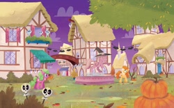 Size: 2268x1406 | Tagged: safe, artist:leire martin, daisy, flower wishes, earth pony, pony, an egg-cellent costume party, g4, official, background pony, book, clothes, costume, female, fountain, little golden book, mare, night, nightmare night, ponyville, pumpkin, statue, tree, unnamed character, unnamed pony