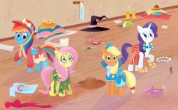 Size: 2268x1406 | Tagged: safe, artist:leire martin, applejack, fluttershy, rainbow dash, rarity, earth pony, pegasus, pony, unicorn, an egg-cellent costume party, g4, official, applejack's hat, book, bow, clothes, costume, cowboy hat, female, hat, little golden book, mare, ribbon, shirt, t-shirt, witch hat