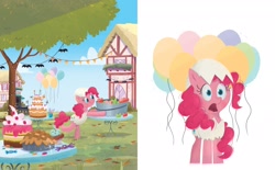 Size: 2268x1406 | Tagged: safe, artist:leire martin, pinkie pie, earth pony, pony, an egg-cellent costume party, g4, official, apple, apple bobbing, balloon, bipedal, book, bucket, cake, clothes, costume, cutie mark on clothes, eggshell, female, food, little golden book, mare, pie, ponyville, solo, tree