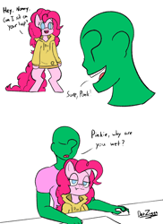 Size: 2784x3819 | Tagged: safe, artist:datzigga, pinkie pie, oc, oc:anon, earth pony, human, pony, g4, bipedal, breaking the fourth wall, comic, dialogue, high res, implied wetting, sitting on lap, smiling, smirk