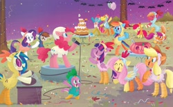 Size: 2268x1406 | Tagged: safe, artist:leire martin, apple bloom, applejack, big macintosh, carrot cake, cup cake, dj pon-3, fluttershy, pinkie pie, pipsqueak, rainbow dash, rarity, scootaloo, spike, twilight sparkle, vinyl scratch, alicorn, dragon, earth pony, pegasus, pony, unicorn, g4, my little pony: an egg-cellent costume party!, official, animal costume, apple siblings, apple sisters, applejack's hat, bipedal, book, brother and sister, bucket, cake, chicken suit, clothes, colt, costume, costume party, cowboy hat, crown, cutie mark on clothes, eggshell, element of magic, female, filly, food, halloween, hat, holiday, jack-o-lantern, jewelry, little golden book, male, mane seven, mane six, mare, married couple, microphone, night, nightmare night, pumpkin, regalia, scootachicken, siblings, singing, sisters, stallion, table, the cakes, turntable, twilight sparkle (alicorn)