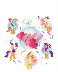 Size: 1134x1406 | Tagged: safe, artist:leire martin, applejack, fluttershy, pinkie pie, rainbow dash, rarity, twilight sparkle, alicorn, earth pony, pegasus, pony, unicorn, g4, my little pony: an egg-cellent costume party!, official, animal costume, applejack's hat, bipedal, book, candy, candy cane, chicken suit, clothes, confetti, costume, cowboy hat, crown, eggshell, element of magic, female, food, hat, jewelry, little golden book, mane six, mare, regalia, twilight sparkle (alicorn)