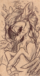 Size: 3727x7016 | Tagged: safe, artist:faline-art, fluttershy, pegasus, pony, g4, crying, feather, lidded eyes, looking at you, solo, teary eyes, traditional art