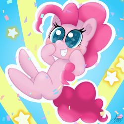 Size: 2160x2160 | Tagged: safe, artist:limitmj, pinkie pie, earth pony, pony, g4, abstract background, big eyes, confetti, cute, diapinkes, female, grin, high res, hoof on cheek, mare, smiling, solo, white outline