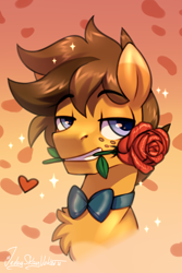 Size: 2000x3000 | Tagged: safe, artist:jedayskayvoker, oc, oc only, oc:ballroom blitz, pegasus, pony, bowtie, bust, colored, colored sketch, flower, flower in mouth, full color, gradient background, high res, icon, male, portrait, rose, rose in mouth, sketch, solo, sparkles, stallion