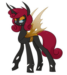 Size: 1627x1828 | Tagged: safe, artist:moonatik, oc, oc only, changeling, changeling queen, pony, brown changeling, changeling queen oc, commission, eyeshadow, fangs, female, makeup, raised hoof, simple background, solo, transparent background, wings