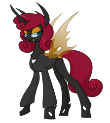 Size: 1627x1828 | Tagged: safe, artist:moonatik, oc, oc only, changeling, changeling queen, pony, brown changeling, changeling queen oc, clothes, commission, eyeshadow, fangs, female, jacket, makeup, raised hoof, simple background, solo, transparent background, wings