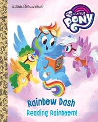 Size: 1603x1989 | Tagged: safe, artist:zoe persico, daring do, rainbow dash, pegasus, pony, daring do adventure collection, daring do and the marked thief of marapore, g4, official, book, book cover, cloud, cover, female, filly, flying, goggles, little golden book, mare, my little pony logo, pun, rainbow dash: reading rainboom, reading rainboom, text, unnamed character, unnamed pony
