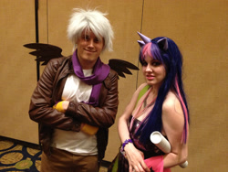 Size: 2828x2121 | Tagged: safe, artist:cinemabrony, artist:rina-chan, gilda, twilight sparkle, human, g4, babscon, babscon 2015, clothes, cosplay, costume, high res, irl, irl human, kira buckland, photo, scarf, sleeveless