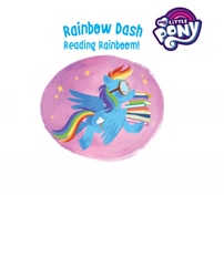 Size: 1134x1406 | Tagged: safe, artist:zoe persico, rainbow dash, pegasus, pony, g4, official, book, female, flying, goggles, little golden book, mare, my little pony logo, pun, rainbow dash: reading rainboom, reading rainboom, text