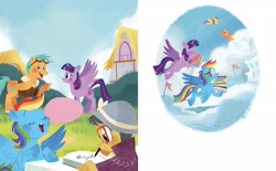Size: 2268x1406 | Tagged: safe, artist:zoe persico, a.k. yearling, daring do, puddle jump, rainbow dash, twilight sparkle, alicorn, pegasus, pony, g4, official, book, cloud, cloudsdale, female, flag, flying, little golden book, mare, on a cloud, ponyville, rainbow dash: reading rainboom, twilight sparkle (alicorn), unnamed character, unnamed pony