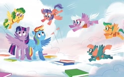 Size: 2268x1406 | Tagged: safe, artist:zoe persico, rainbow dash, twilight sparkle, alicorn, pegasus, pony, g4, official, book, cloud, cloudsdale, female, filly, flight camp, flying, goggles, junior speedsters, little golden book, mare, on a cloud, rainbow dash: reading rainboom, twilight sparkle (alicorn), unnamed character, unnamed pony