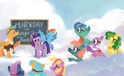 Size: 2268x1406 | Tagged: safe, artist:zoe persico, puddle jump, rainbow dash, twilight sparkle, alicorn, pegasus, pony, g4, official, book, chalkboard, cloud, cloudsdale, female, filly, flight camp, goggles, junior speedsters, little golden book, male, mare, on a cloud, rainbow dash: reading rainboom, stallion, text, twilight sparkle (alicorn), unnamed character, unnamed pony